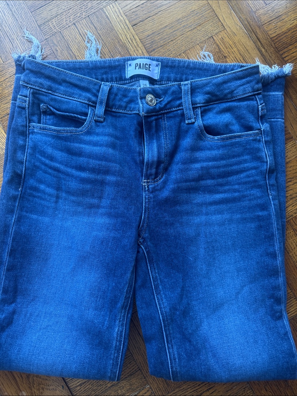 PAIGE Distressed Dark Blue Ankle Crop Jeans